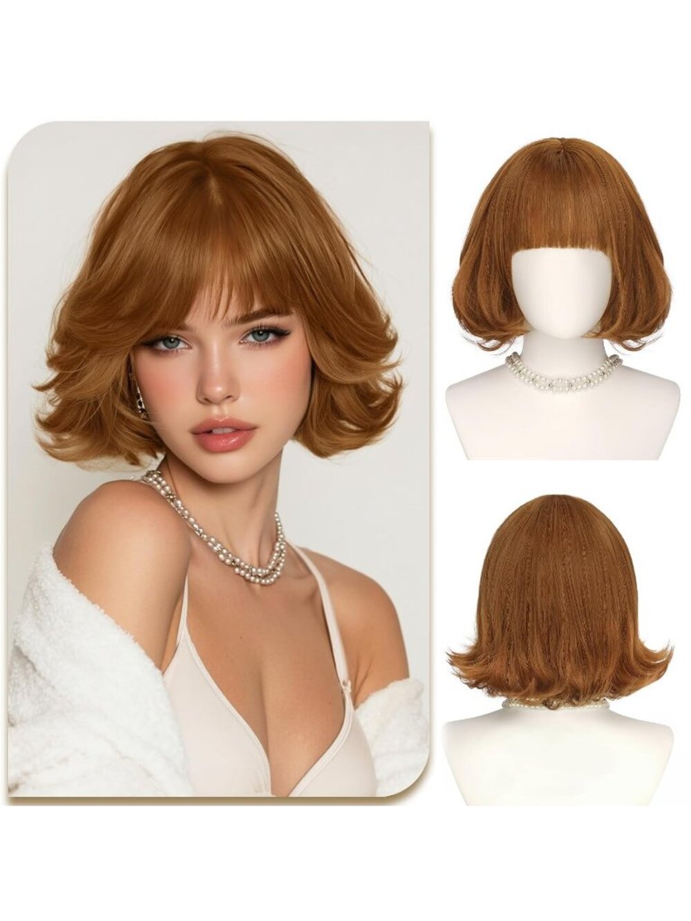 12 Inch Women's Ginger Auburn Layered Synthetic Bob Wig Natural Looking Bangs